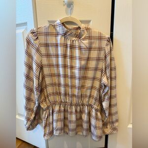 Ann Taylor Plaid Flannel Peplum Waist Long Sleeve Top - Beige & Navy
